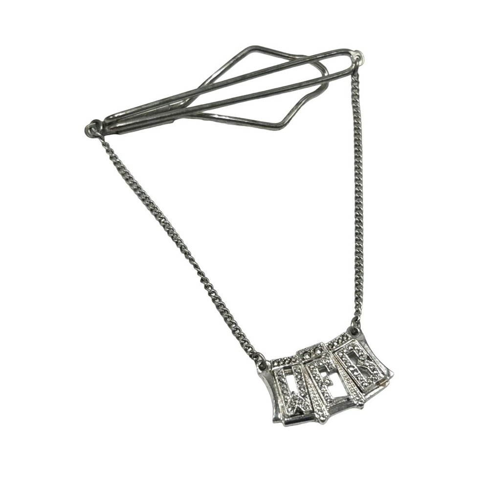 Vintage Tie Bar with Chain Dangling Monogram WFB Sterling Silver & Marcasites